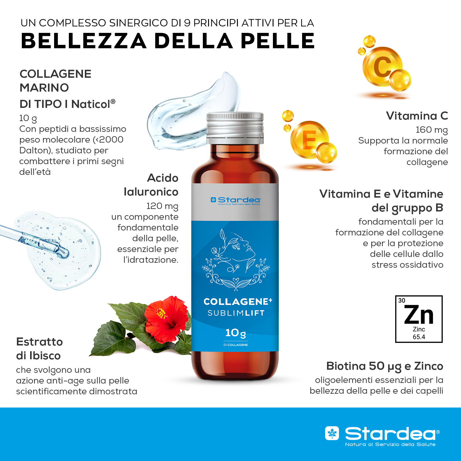 STARDEA COLLAGENE + SUBLIMLIFT SHOT DA BERE - INTEGRATORE ALIMENTARE  a base di 10G di collagene marino DI TIPO 1 E ACIDO IALURONICO PER LA BELLEZZA DELLA PELLE