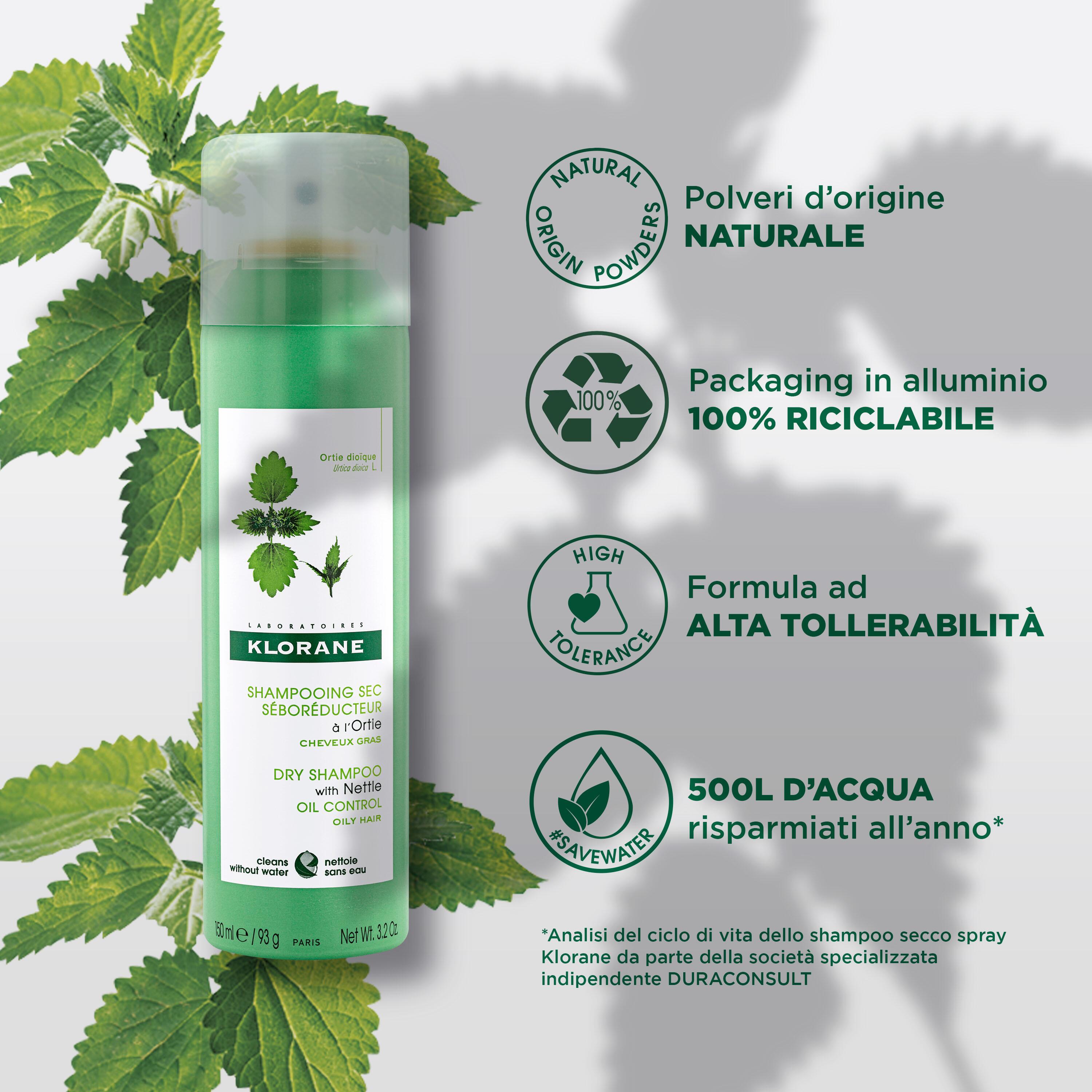 Klorane - Shampoo Secco Seboriduttore All'Ortica Per Capelli Grassi 150 ml