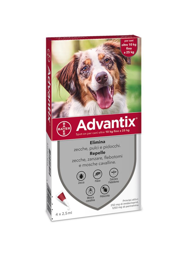ADVANTIX SPOT ON 4 pipette 2.5 ml da PER CANI oltre i 10 Kg fino ai 25 Kg 10-25