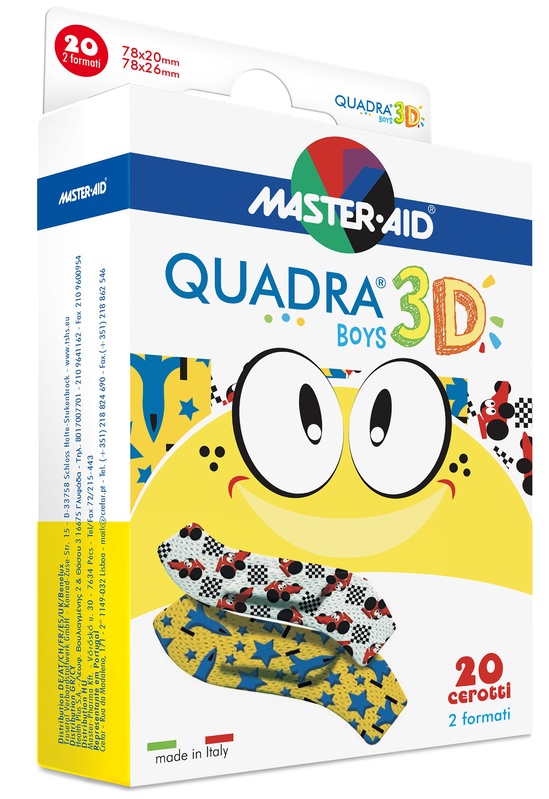 Master Aid Quadra 3D Boys Cerotti Assortiti TNT Colorati Resistenti 20 Pezzi