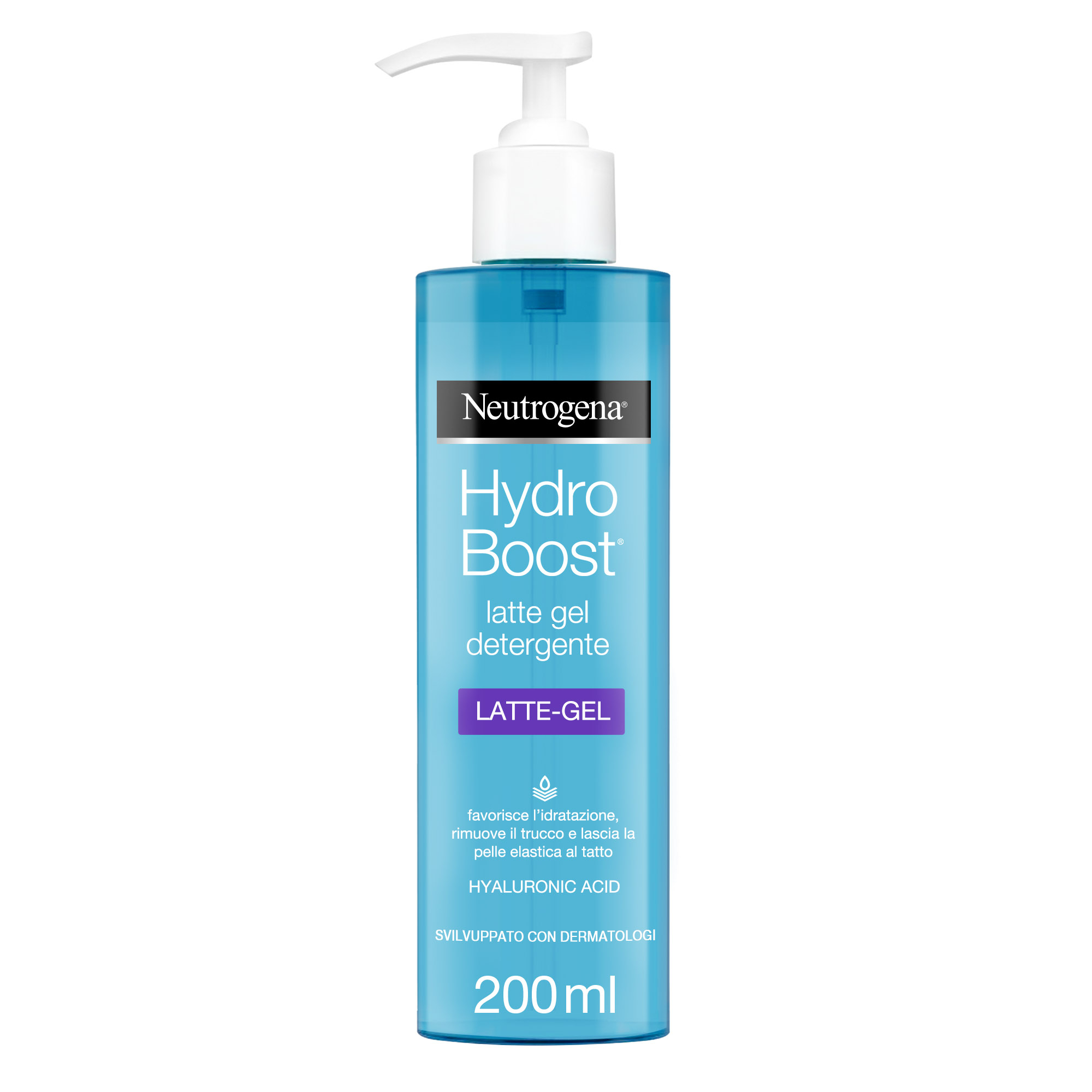 Neutrogena Hydro Boost Latte Gel Detergente Viso 200 ml, Detergente schiumogeno ad azione struccante