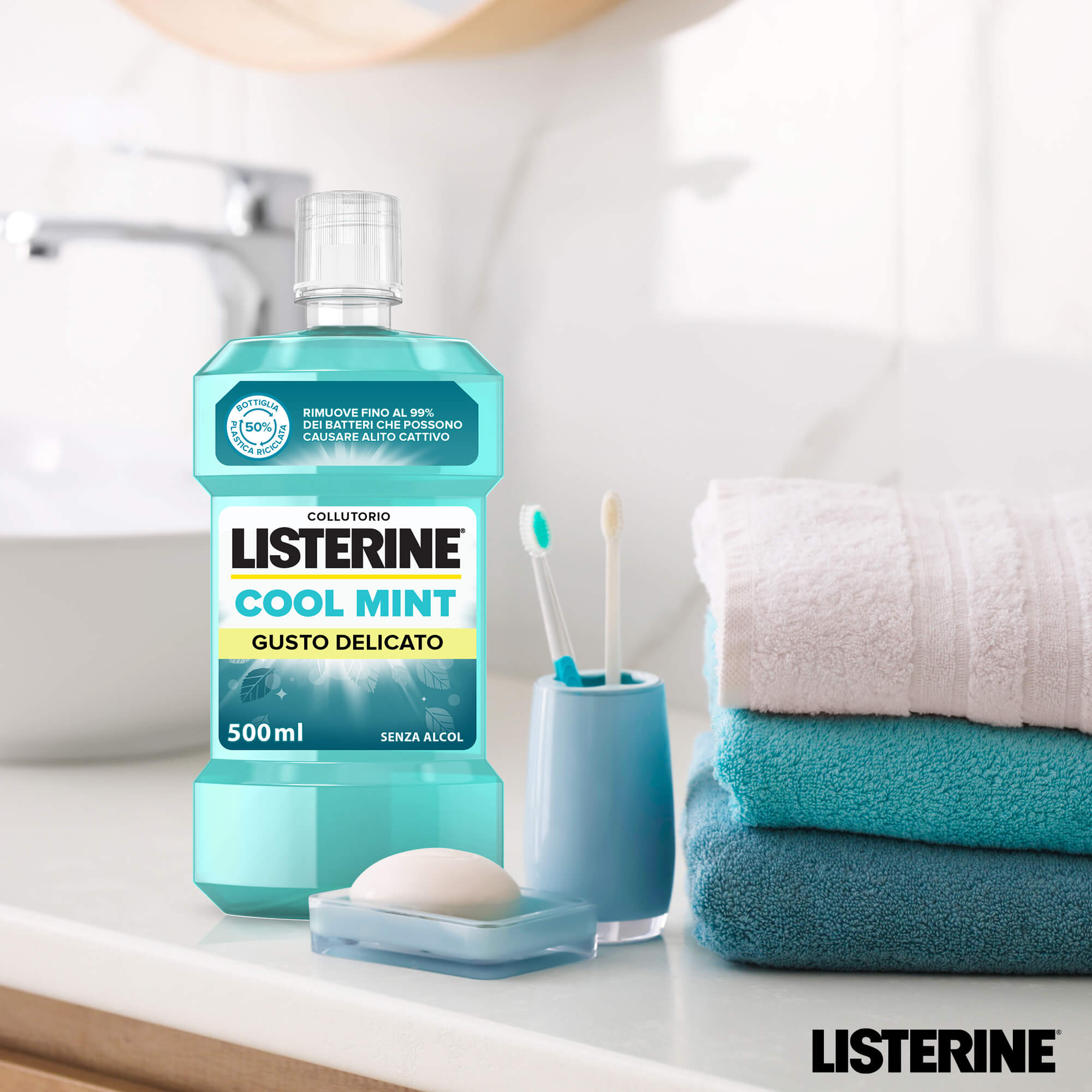 Listerine, Collutorio, Cool Mint, Gusto Delicato, Menta, Alito Fresco, Senza Alcol, 500ml