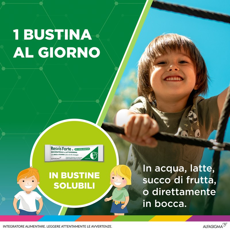 Resvis Junior Xr, Integratore Alimentare di Resveratrolo e Lattoferrina, per il Benessere del Sistema Immunitario, utile per le difese immunitarie dei bambini dai 3 Anni, Senza Glutine, Lattosio e Zuccheri, 12 Bustine , Gusto Fragola