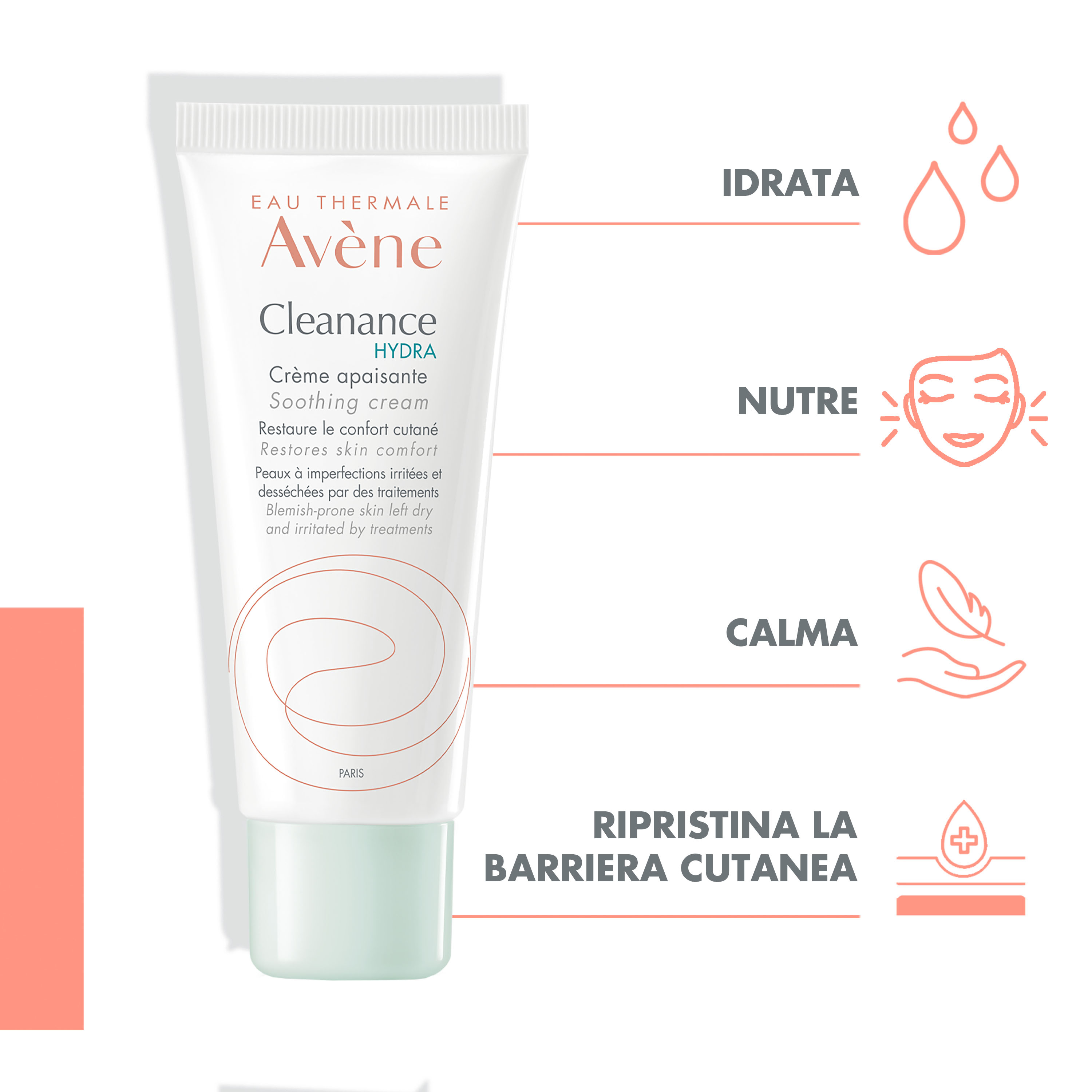Eau Thermale Avène Cleanance Hydra Crema Lenitiva Nutriente, compensa gli effetti disidratanti dei trattamenti dermatologici anti-acne, Pelle secca a tendenza acneica, 40ml 