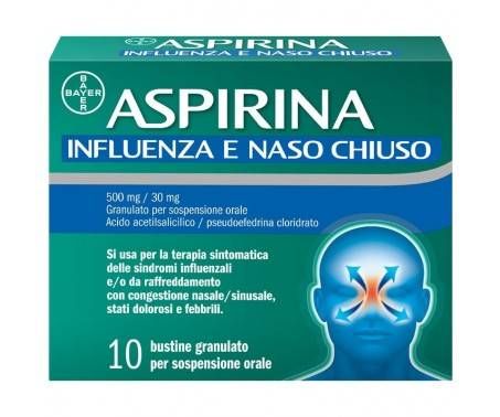 Aspirina Influenza e Naso Chiuso, Granulato per Soluzione Orale, 500mg Acido Acetilsalicilico + 30mg Pseudoefedrina, Effetto Antipiretico e Decongestionante, 10 Bustine