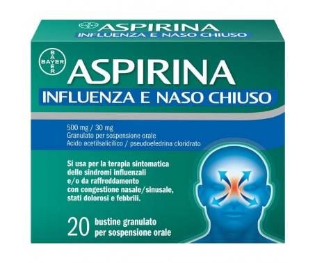 Aspirina Influenza e Naso Chiuso, Granulato per Soluzione Orale, 500mg Acido Acetilsalicilico + 30mg Pseudoefedrina, Effetto Antipiretico e Decongestionante, 20 Bustine