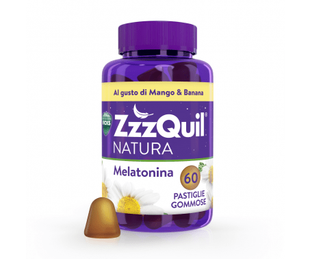 Integratore per il sonno ZzzQuil NATURA gusto MANGO & BANANA: 60 pastiglie gommose a base di melatonina con camomilla, valeriana e lavanda.